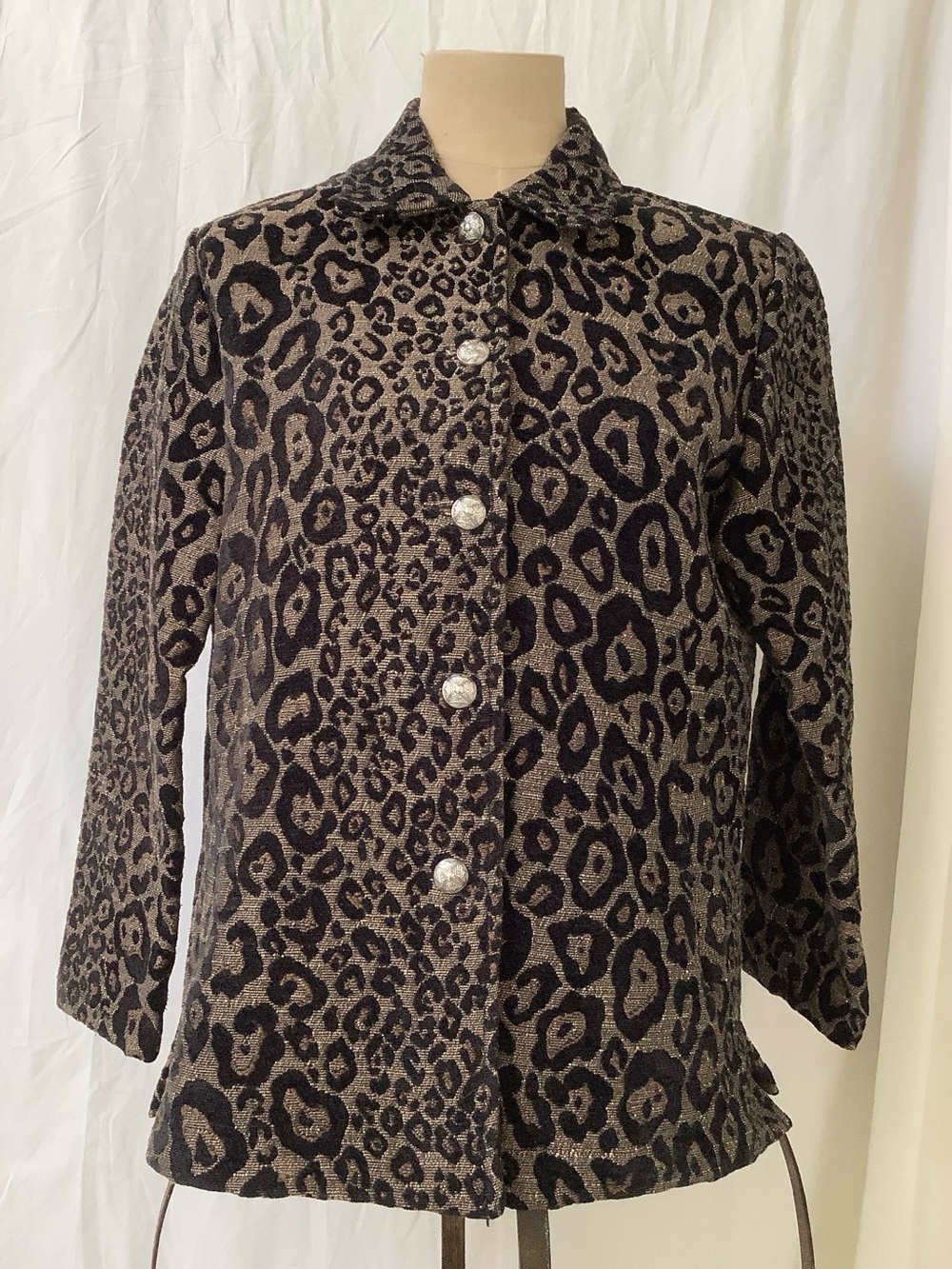 Erin London Top Jacket-Black Raised Chenille Animal Print with Gold Background-S